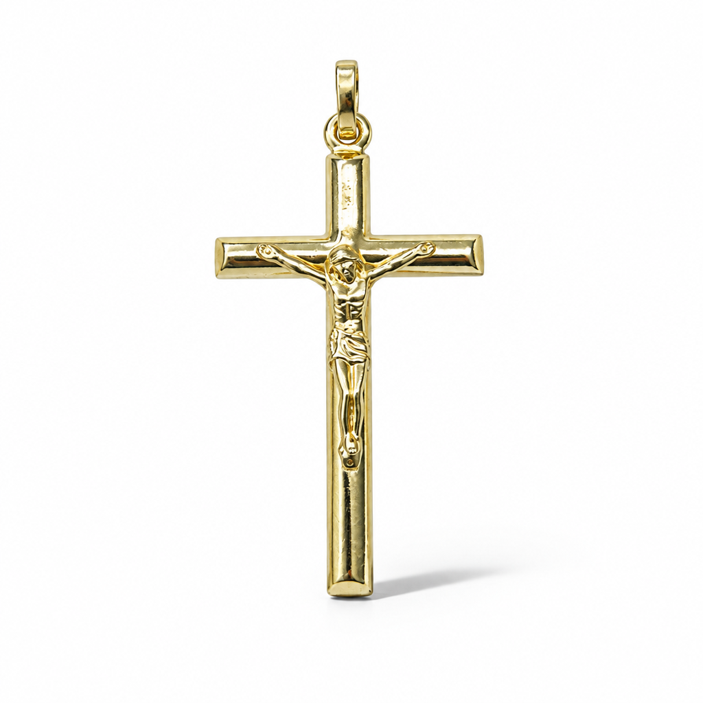 Croce in oro giallo 18 carati con Cristo in rilievo, bracci lineari e finitura lucida, 40×20 mm, vista frontale
