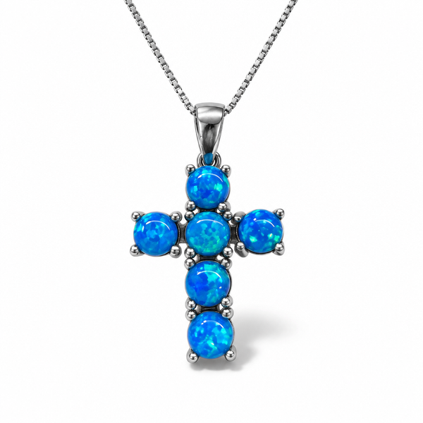 Collana in Argento 925 con Croce in Opale Sintetico Blu 45 cm | CM Silver Jewels