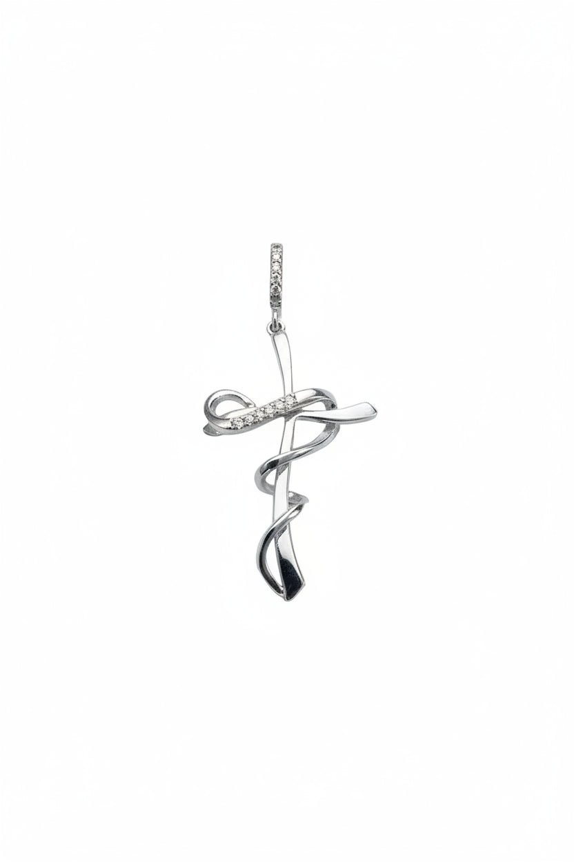 Ciondolo Croce in Oro Bianco 18k con Zirconi – Lavorazione Intrecciata | CM Silver Jewels