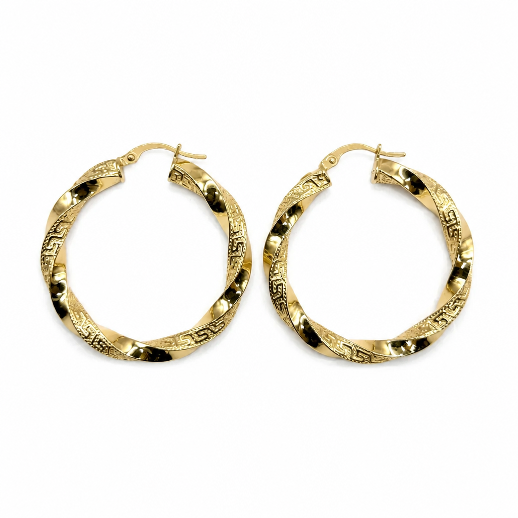 Orecchini a Cerchio Torsadé con Incisione Meandro in Oro 18 Carati – 35 mm | CM Silver Jewels