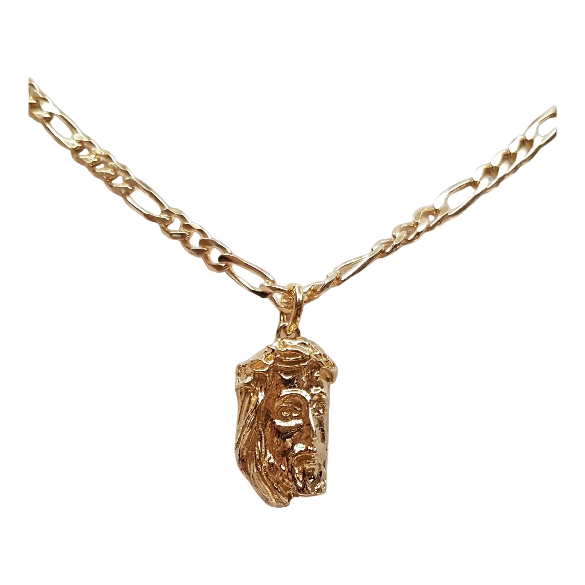 Set Uomo Collana e Bracciale in Argento 925 Placcato Oro – Maglia Figaro con Ciondolo Testa di Cristo - Gioielleria CM SILVER & JEWELS