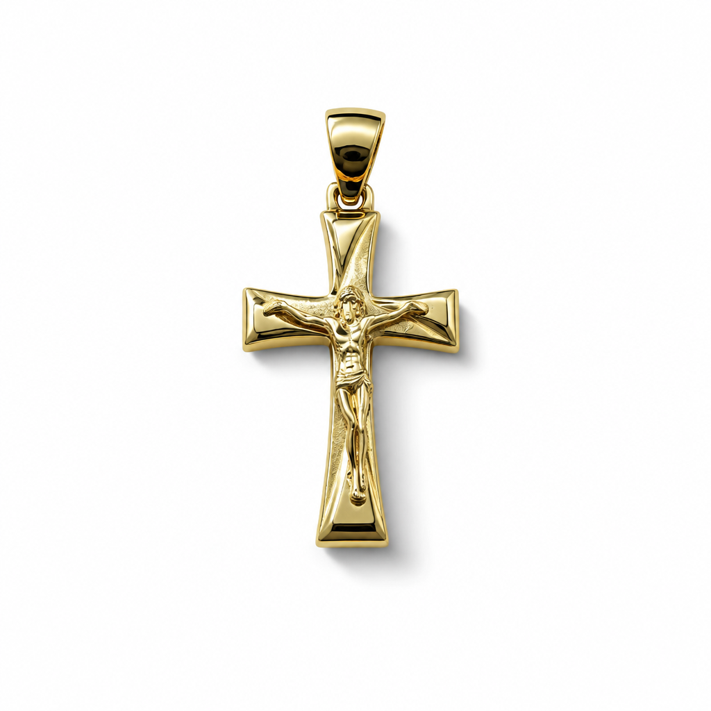 Croce in oro giallo 18 carati con Cristo, profilo sagomato e finitura lucida, 30×15 mm, vista frontale
