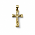 Croce in oro giallo 18 carati con Cristo, profilo sagomato e finitura lucida, 30×15 mm, vista frontale
