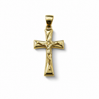 Croce in oro giallo 18 carati con Cristo, profilo sagomato e finitura lucida, 30×15 mm, vista frontale
