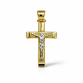 Croce bicolore in oro 18 carati con Cristo, bracci squadrati e terminali lucidi, 32×18 mm, vista frontale
