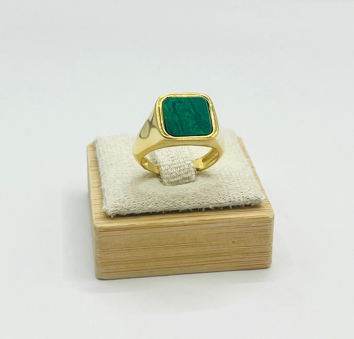 Anello in Argento 925 Placcato Oro 18 Carati con Pietra Verde Malachite - Regolabile, Elegante e Raffinato - Gioielleria CM SILVER & JEWELS