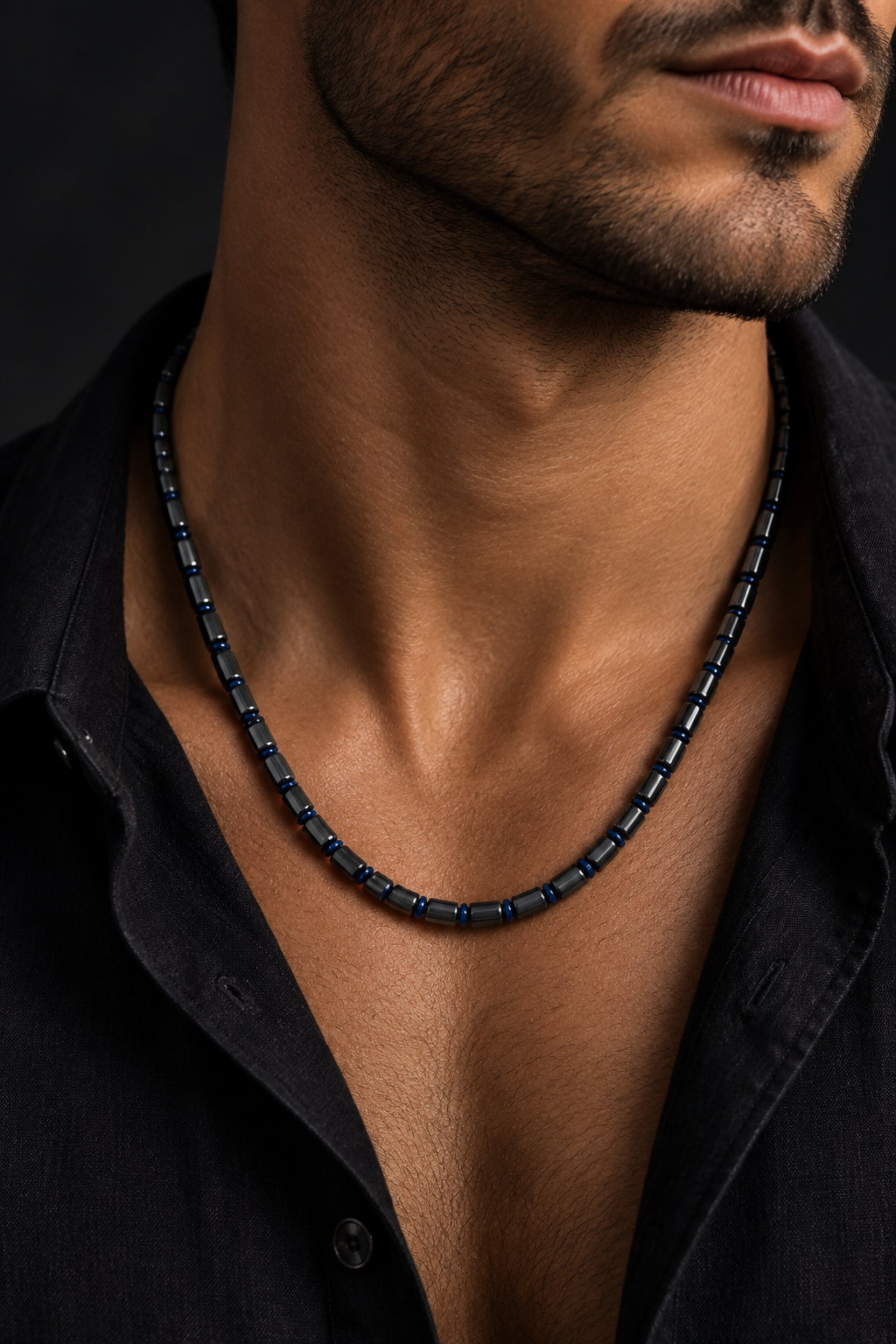 Collana Uomo Aqua in Acciaio Rodiato con Ematite – Nero e Blu o Acciaio e Grigio – 48 cm | CM Silver Jewels