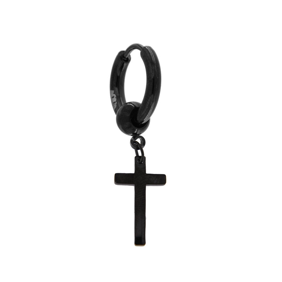 Orecchini Uomo in Acciaio PVD Nero con Pendente Croce – Cerchio 15mm | CM Silver Jewels