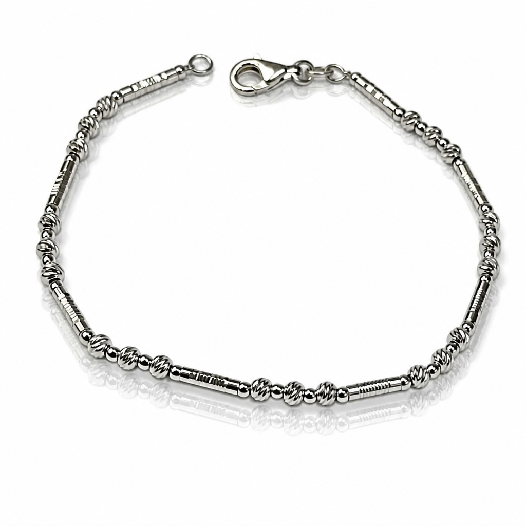 Bracciale Donna in Argento 925 con Tubolari Rigati e Sfere Diamond-Cut – 20 cm | CM Silver Jewels