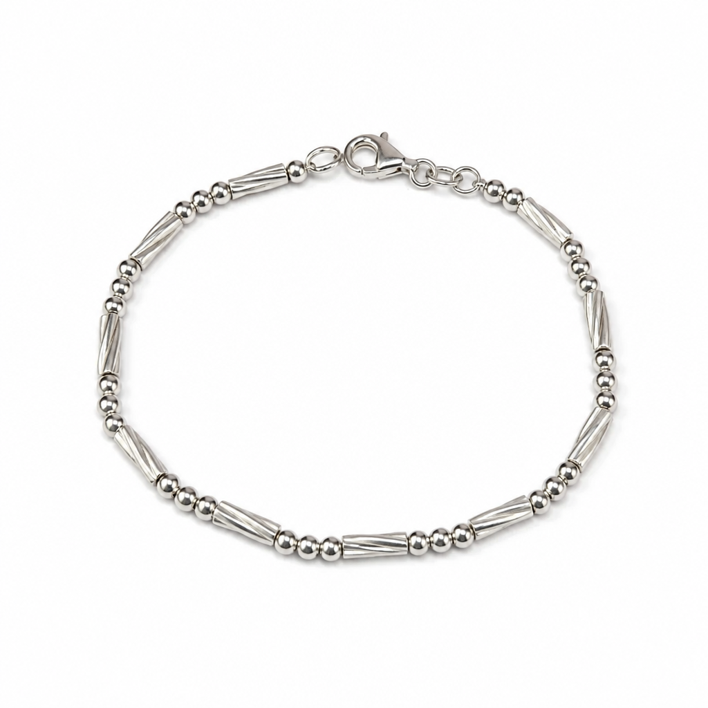 Bracciale Unisex in Argento 925 con Tubolari Rigati e Sfere Alternate – 19 cm | CM Silver Jewels