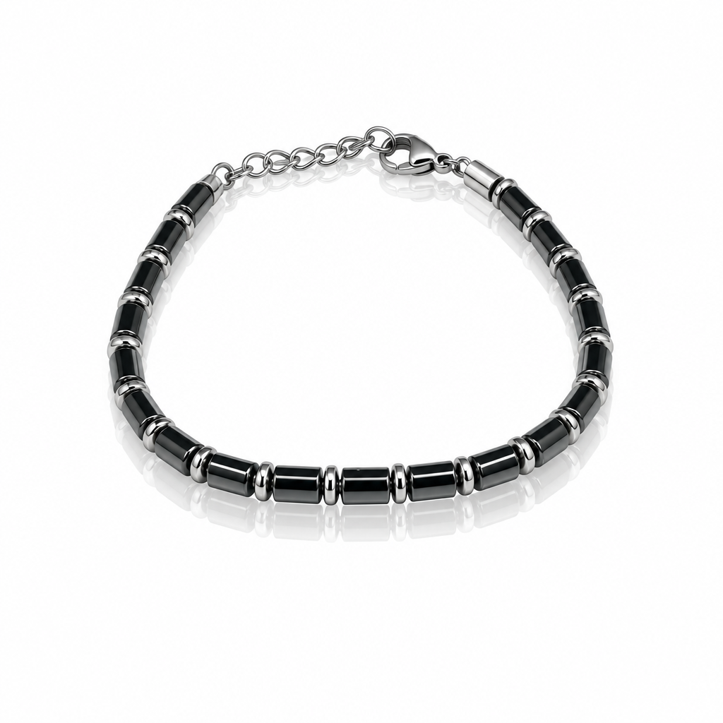 Bracciale Uomo Aqua in Acciaio Rodiato con Ematite Nera e PVD Blu – 21 cm | CM Silver Jewels
