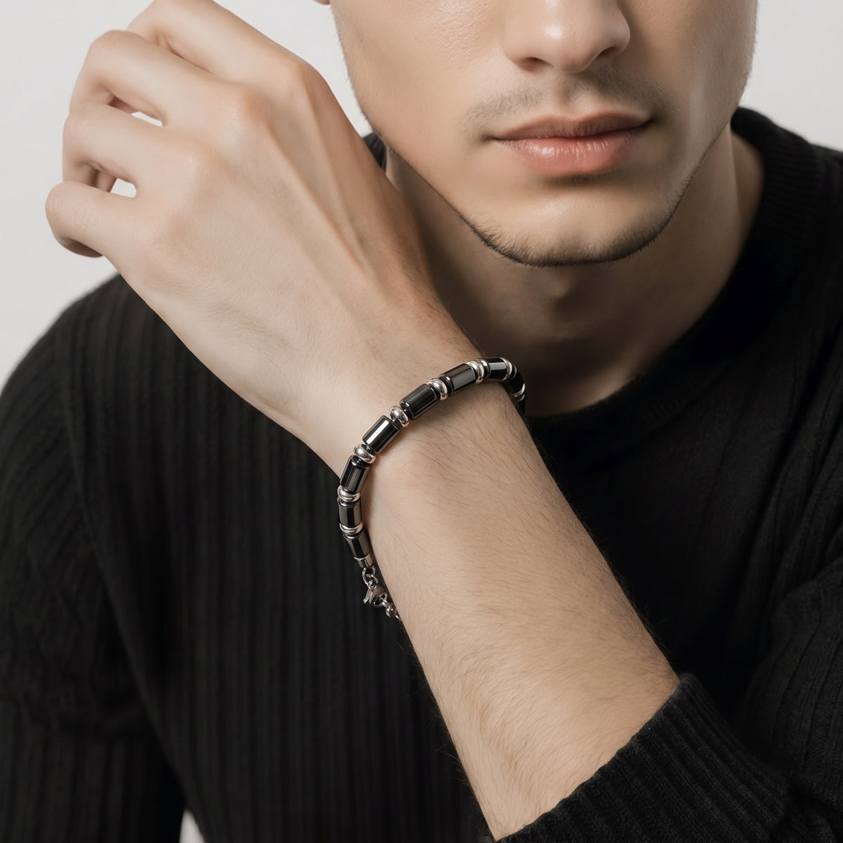 Bracciale Uomo Aqua in Acciaio Rodiato con Ematite Nera e PVD Blu – 21 cm | CM Silver Jewels