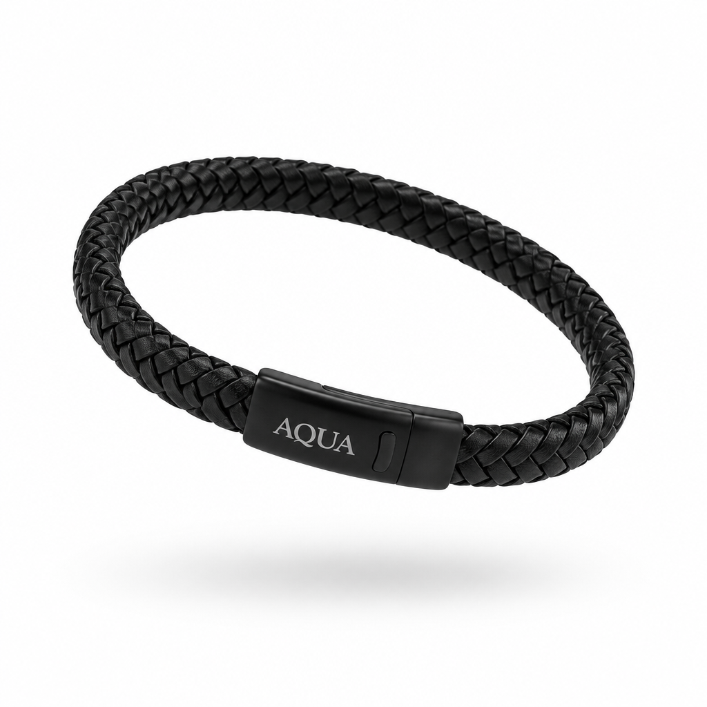 Bracciale Uomo Aqua in Pelle Nera e Acciaio con Chiusura Magnetica – 21 cm | CM Silver Jewels