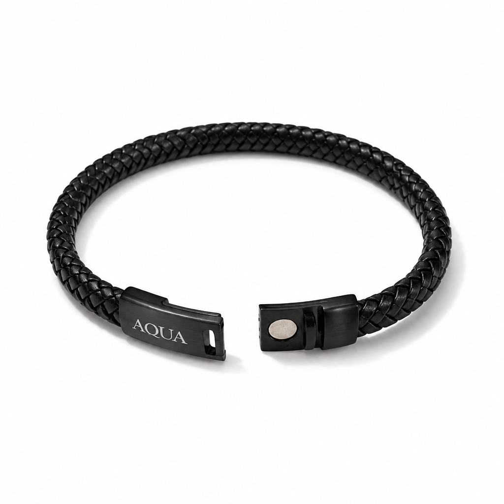 Bracciale Uomo Aqua in Pelle Nera e Acciaio con Chiusura Magnetica – 21 cm | CM Silver Jewels