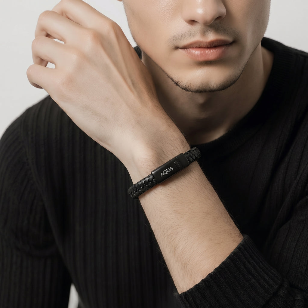 Bracciale Uomo Aqua in Pelle Nera e Acciaio con Chiusura Magnetica – 21 cm | CM Silver Jewels