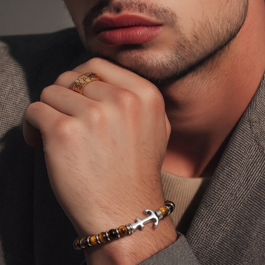 Bracciale Uomo Aqua in Acciaio con Occhio di Tigre e Ancora – 22 cm | CM Silver Jewels