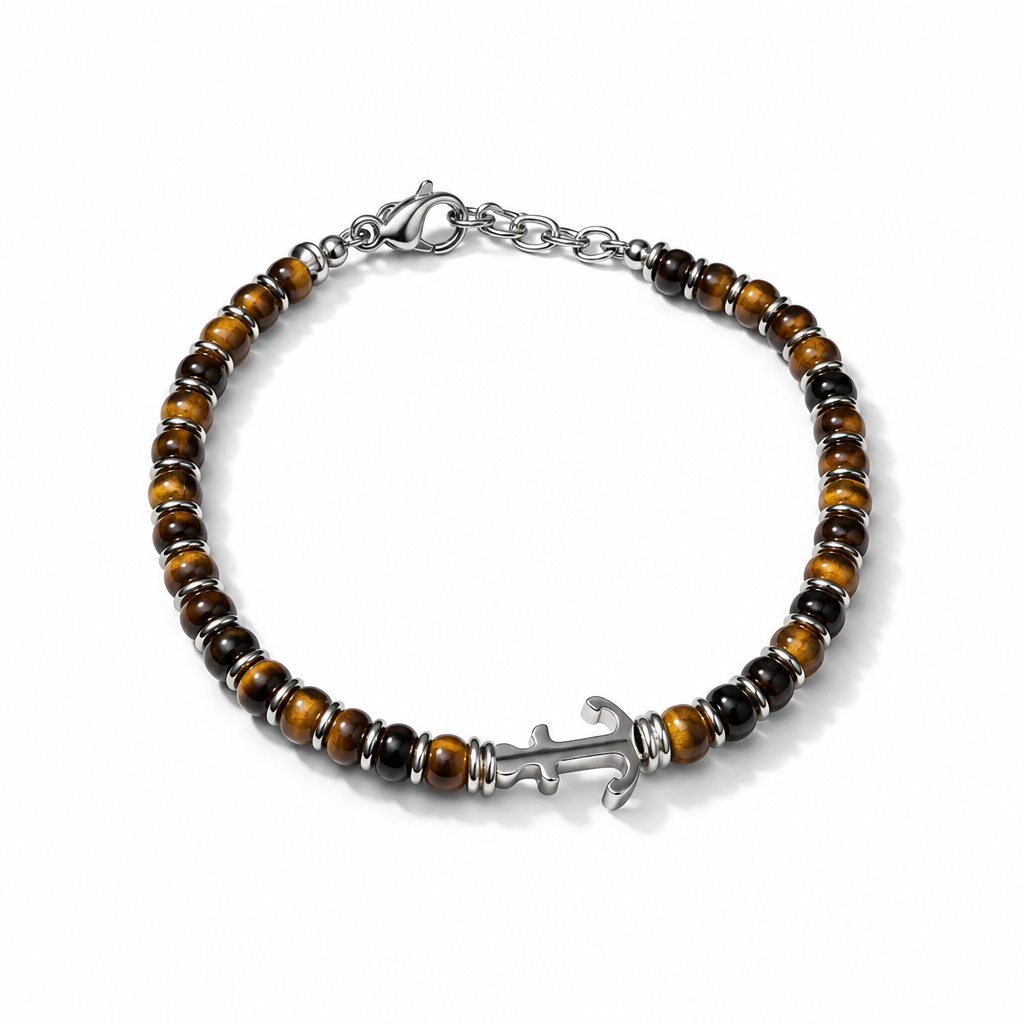 Bracciale Uomo Aqua in Acciaio con Occhio di Tigre e Ancora – 22 cm | CM Silver Jewels