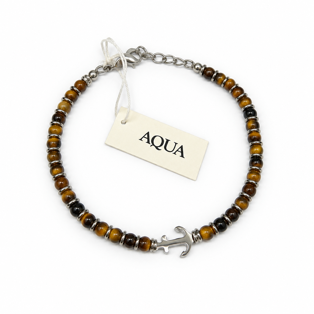Bracciale Uomo Aqua in Acciaio con Occhio di Tigre e Ancora – 22 cm | CM Silver Jewels