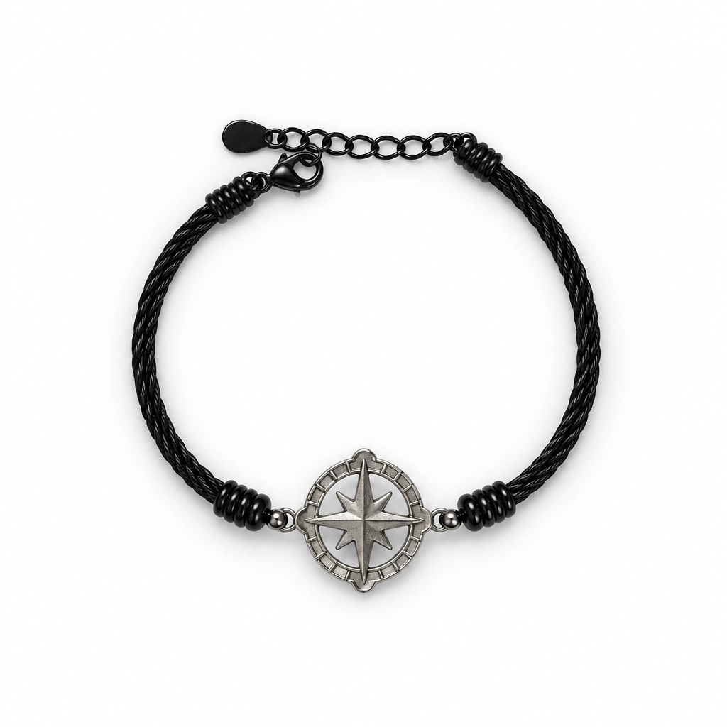 Bracciale Uomo Aqua in Acciaio Nero Intrecciato con Rosa dei Venti | CM Silver Jewels