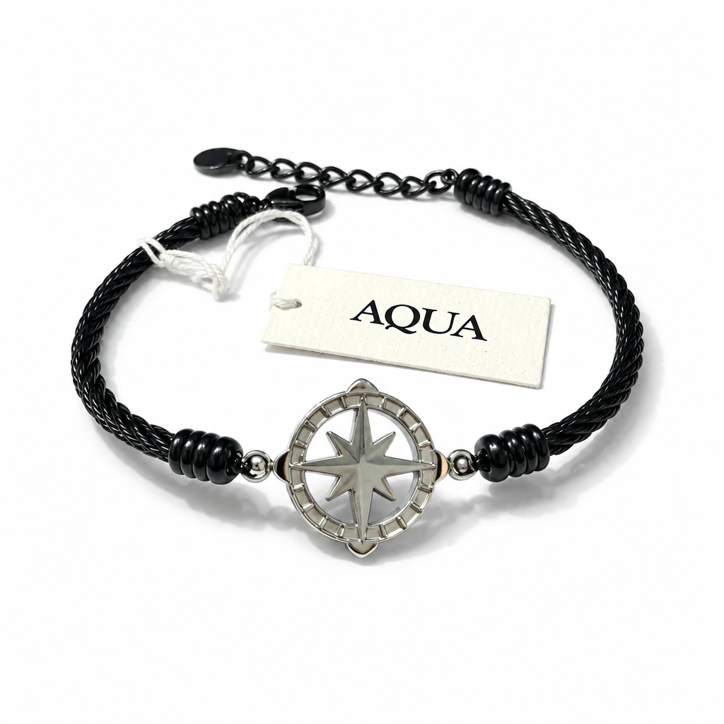 Bracciale Uomo Aqua in Acciaio Nero Intrecciato con Rosa dei Venti | CM Silver Jewels