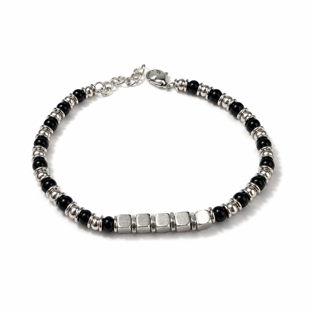Bracciale Uomo Aqua in Acciaio con Sfere Nere e Cubi – 22 cm | CM Silver Jewels