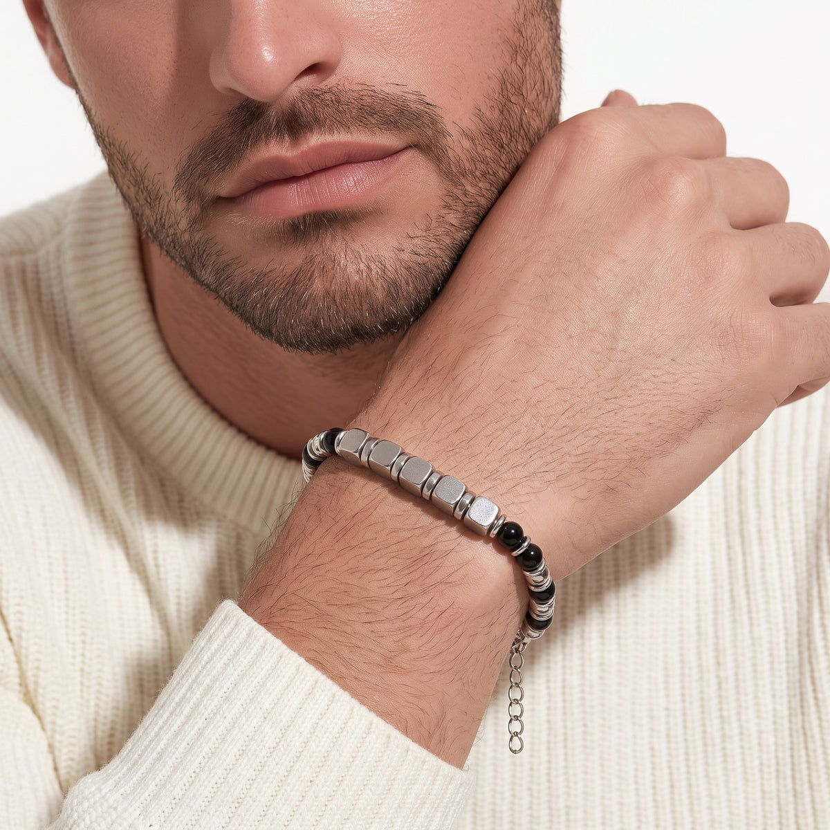 Bracciale Uomo Aqua in Acciaio con Sfere Nere e Cubi – 22 cm | CM Silver Jewels