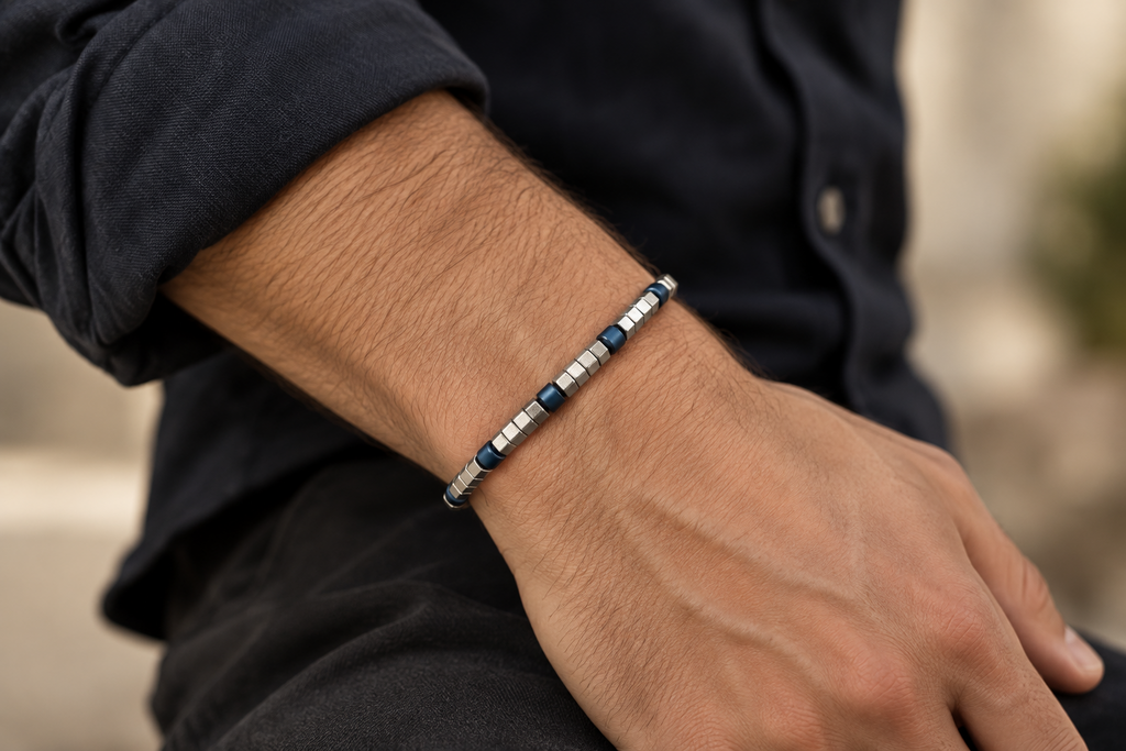 Bracciale Uomo Aqua in Acciaio con Elementi Esagonali e Blu – 21 cm | CM Silver Jewels