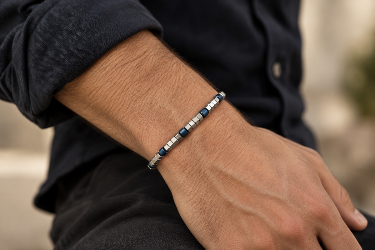 Bracciale Uomo Aqua in Acciaio con Elementi Esagonali e Blu – 21 cm | CM Silver Jewels