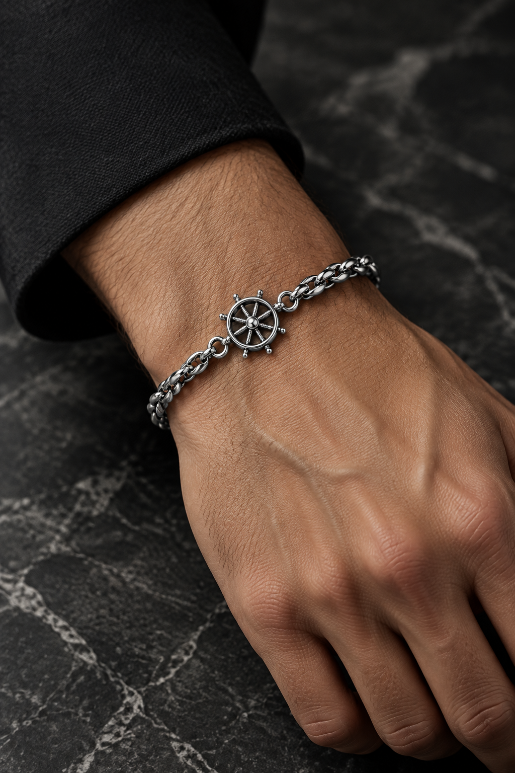 Bracciale Uomo Aqua in Acciaio a Maglia Marina con Timone – 22 cm | CM Silver Jewels