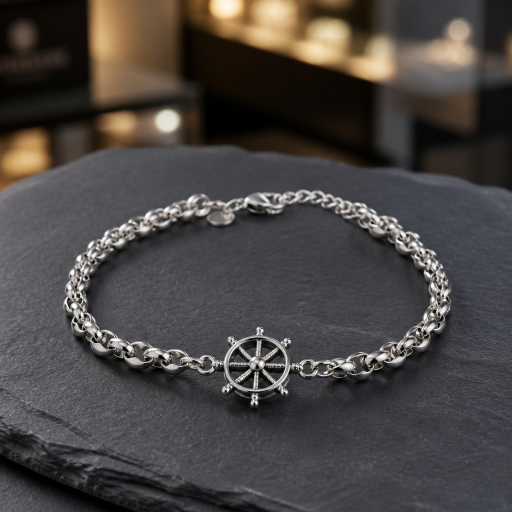 Bracciale Uomo Aqua in Acciaio a Maglia Marina con Timone – 22 cm | CM Silver Jewels