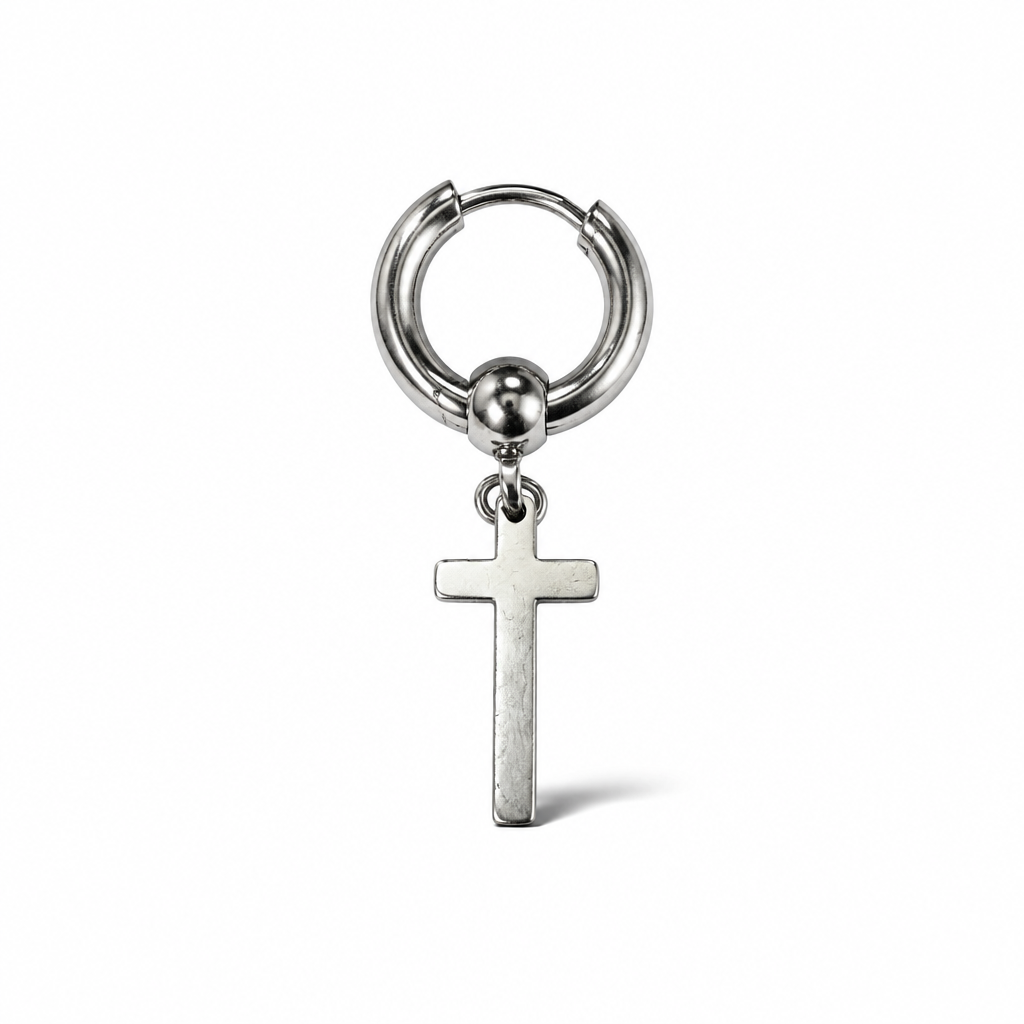 Orecchini Uomo in Acciaio PVD Nero con Pendente Croce – Cerchio 15mm | CM Silver Jewels