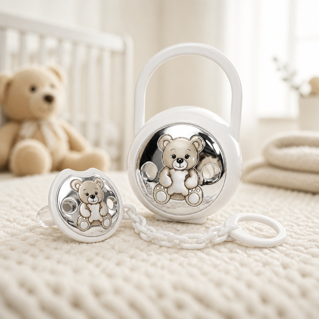 Attache-tétine Caschetto avec ourson en Argent 925 – Cadeau de naissance | CM Silver Jewels