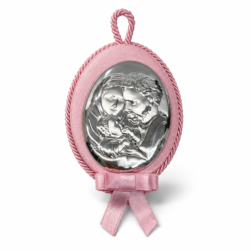 Plaque de berceau ovale Sainte Famille 8,5×12 cm, Rose ou Bleu | CM Silver Jewels