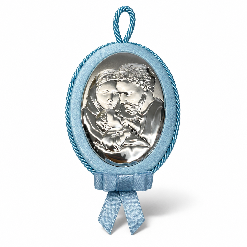 Plaque de berceau ovale Sainte Famille 8,5×12 cm, Rose ou Bleu | CM Silver Jewels
