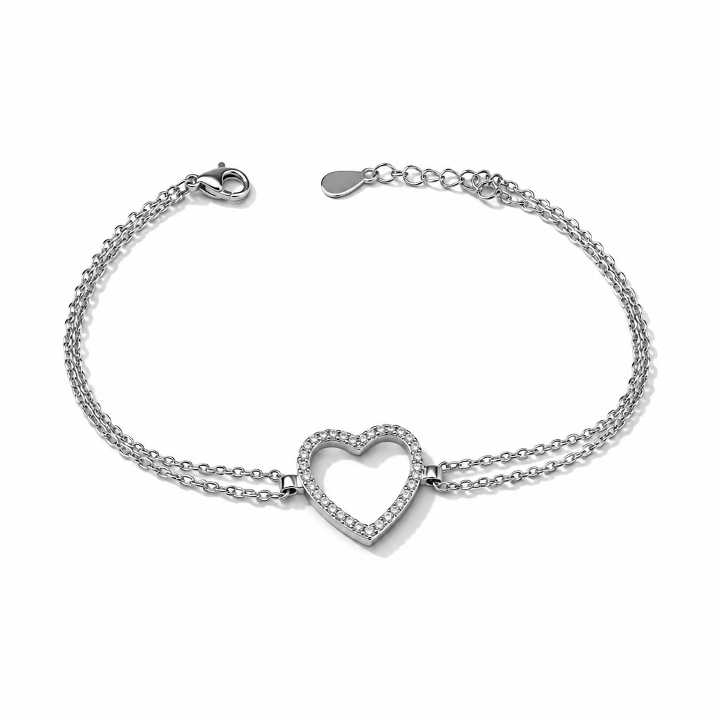 Bracciale Donna in Argento 925 con Cuore e Doppia Catena – 16,5/19 cm | CM Silver Jewels