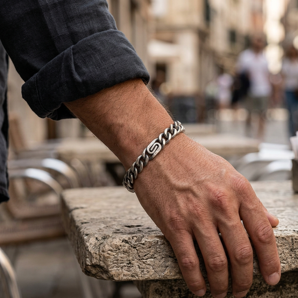 Bracciale Uomo in Argento 925 Brunito con Maglia Grumetta e Dettagli a S – 22 cm | CM Silver Jewels