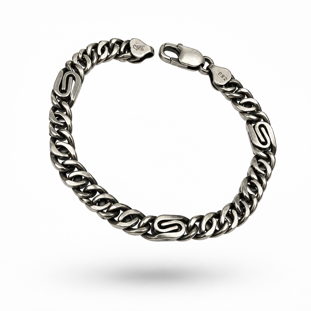 Bracciale Uomo in Argento 925 Brunito con Maglia Grumetta e Dettagli a S – 22 cm | CM Silver Jewels