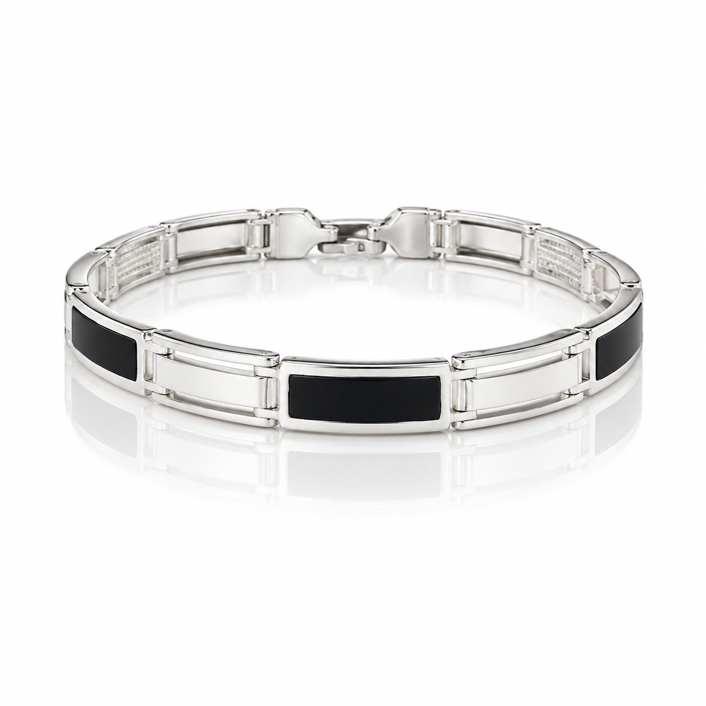 Bracciale Uomo in Argento 925 a Maglie Rettangolari con Dettagli Neri 21 cm | CM Silver Jewels