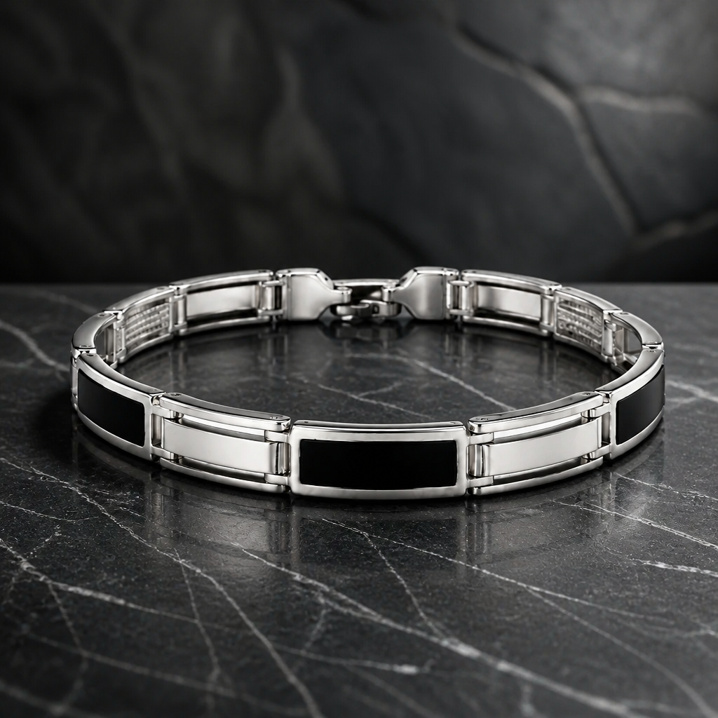 Bracciale Uomo in Argento 925 a Maglie Rettangolari con Dettagli Neri 21 cm | CM Silver Jewels