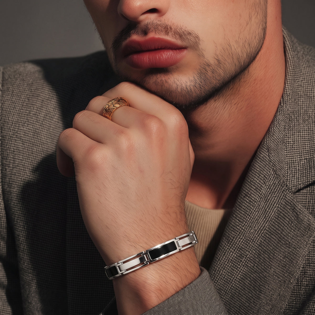 Bracciale Uomo in Argento 925 a Maglie Rettangolari con Dettagli Neri 21 cm | CM Silver Jewels
