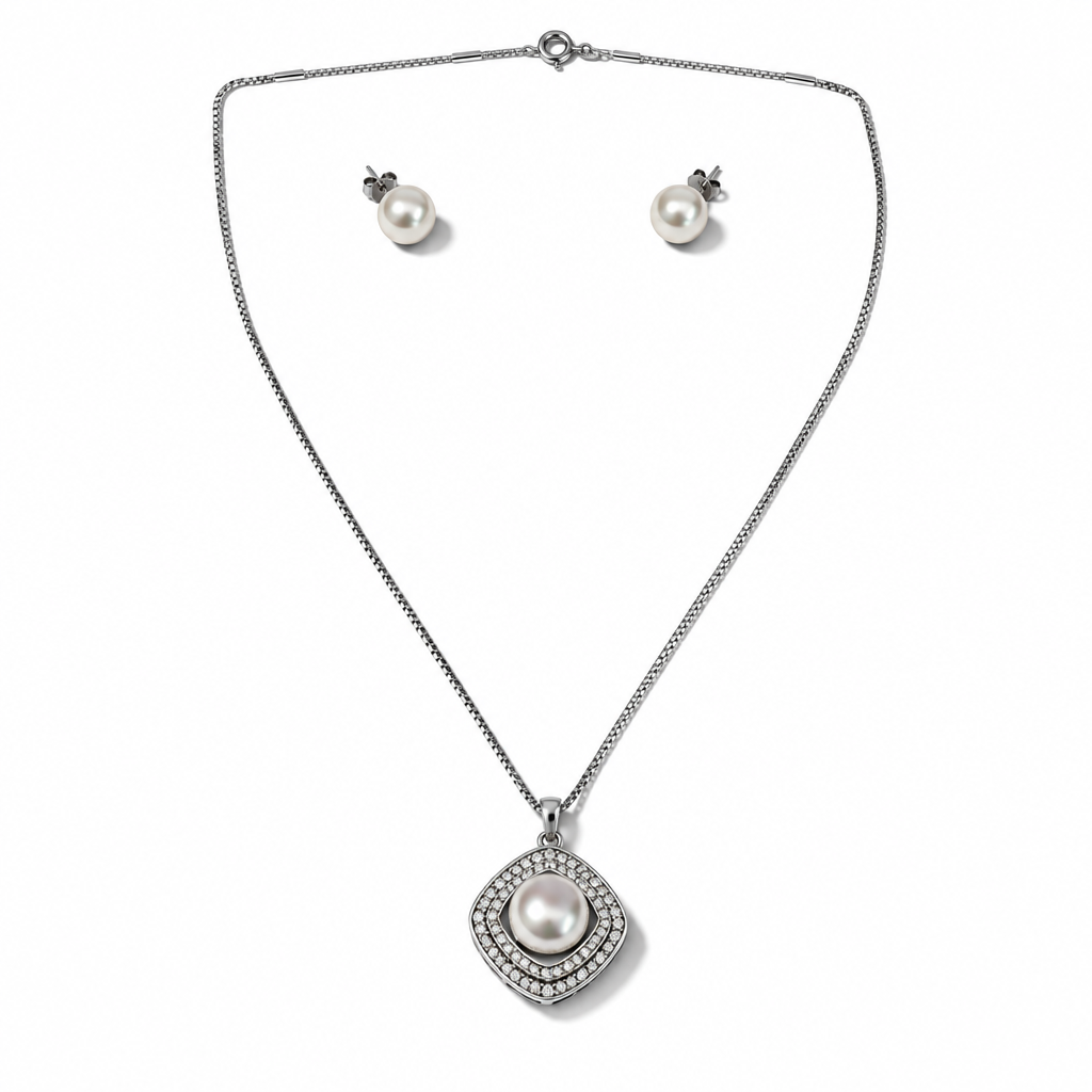 Parure in Argento 925 con Perle e Zirconi, Pendente a Cuscino 45 cm | CM Silver Jewels