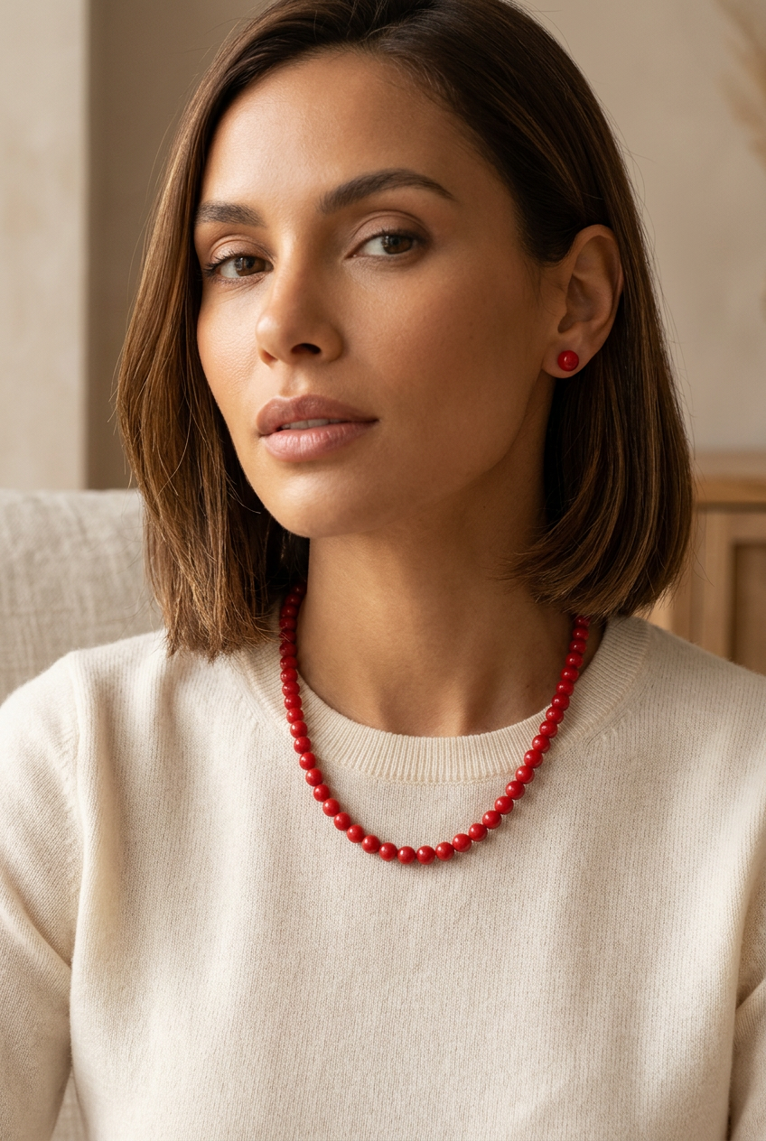 Parure in Argento 925 con Corallo di Bambù Rosso, 43 + 3 cm | CM Silver Jewels