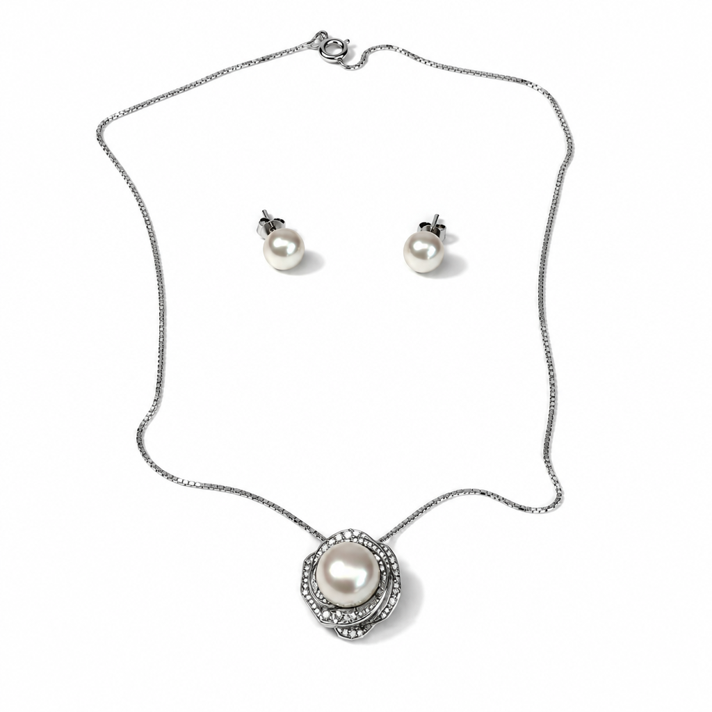 Parure in Argento 925 con Perle e Zirconi, Collana 45 cm e Orecchini | CM Silver Jewels