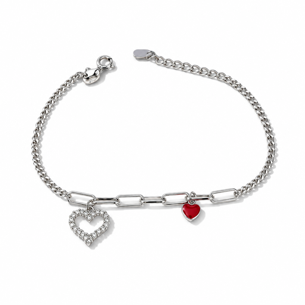 Bracciale Donna in Argento 925 con Due Cuori e Smalto Rosso 16–19 cm | CM Silver Jewels