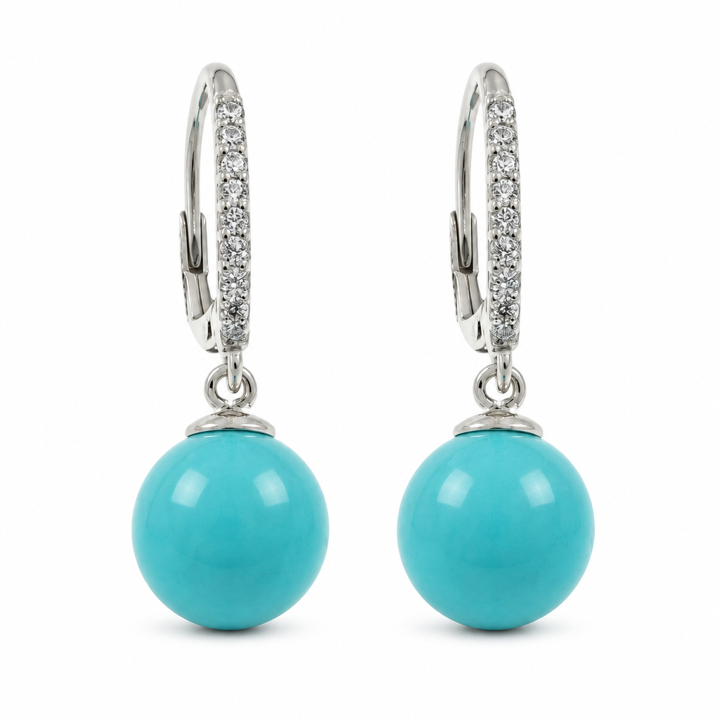 Orecchini in Argento 925 con Perla Turchese 10 mm e Cerchietto Luminoso | CM Silver Jewels