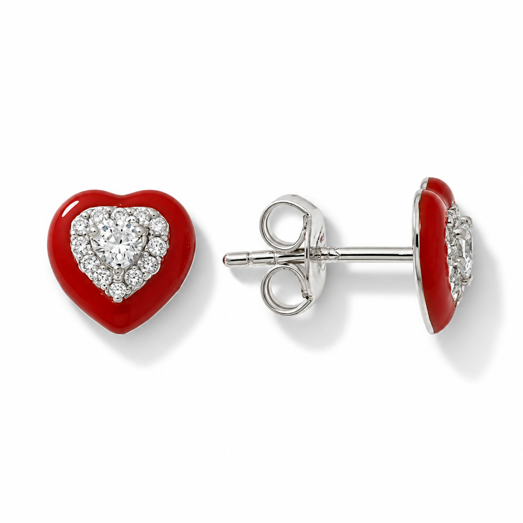 Orecchini a Lobo in Argento 925 con Cuore Rosso e Dettagli Luminosi | CM Silver Jewels