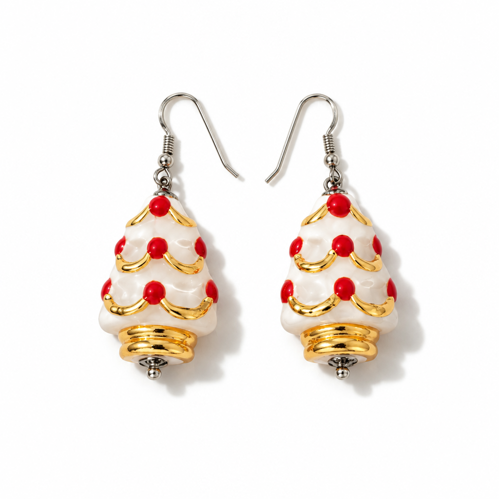 Orecchini Pendenti in Ceramica Albero di Natale Bianco Rosso e Dorato 4,5 cm | CM Silver Jewels