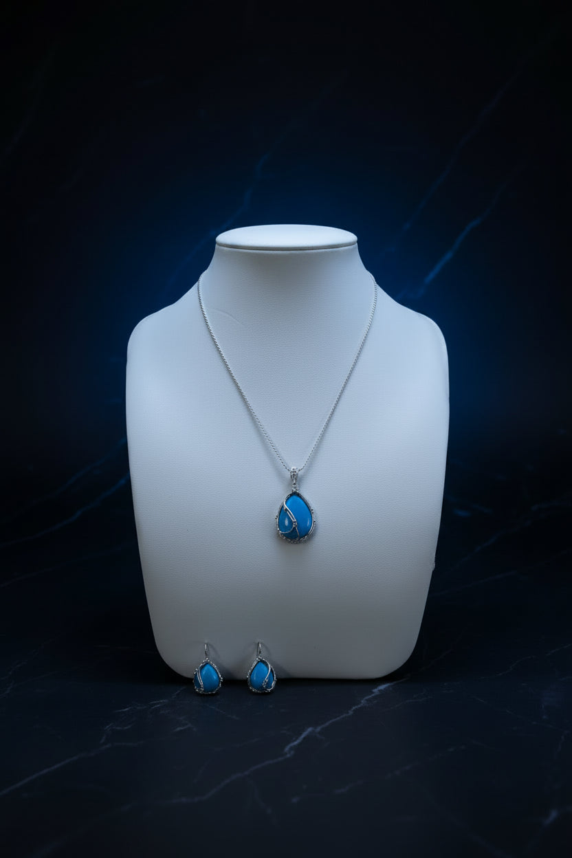 Parure in Argento 925 con Turchese Azzurro e Zirconi – Collana + Orecchini | CM Silver Jewels