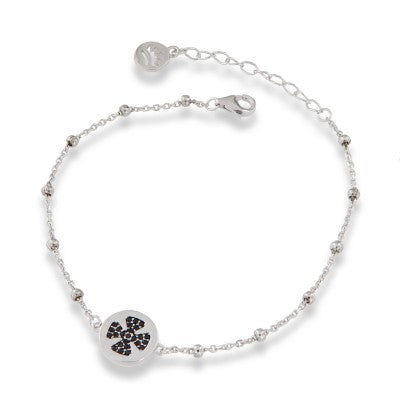 Bracciale in Argento 925 con Medaglione Fiore e Zirconi Neri – 17+5 cm | CM Silver Jewels