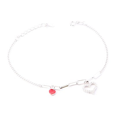 Bracciale in Argento 925 con Cuore Smaltato Rosso e Cuore Zirconi – 16+3 cm | CM Silver Jewels
